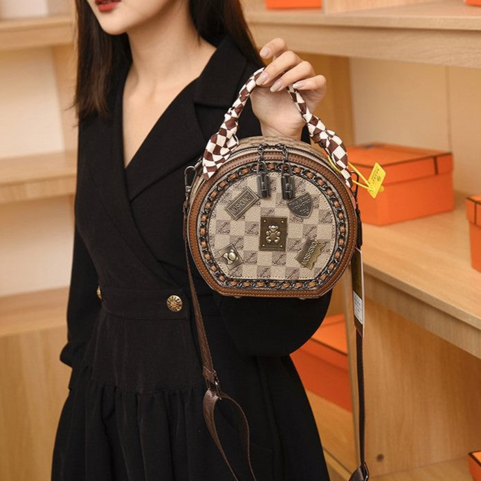 Women's Retro Textured Round Bag – Vintage Crossbody with Detachable Charm & Scarf, Versatile Top Handle & Adjustable Strap
