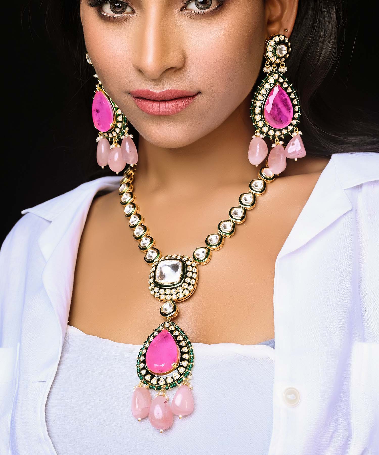 Beautifully Uneven Kundan Setting Long String With Rose Quartz Hanging