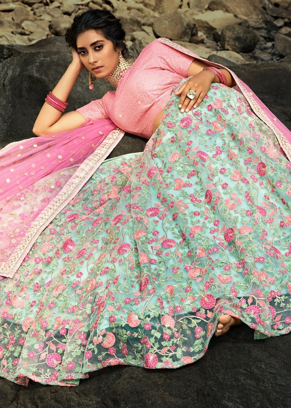 Pista Green & Pink Designer Soft Net Lehenga Choli with Sequins, Thread & Zari work | Ready To Wear - qivii