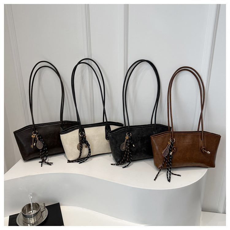 Women's Vintage-Chic Oversized Tote - Commuter-Ready Shoulder Bag w/ Detachable Accent Charms, Grain-Textured Vegan Leather