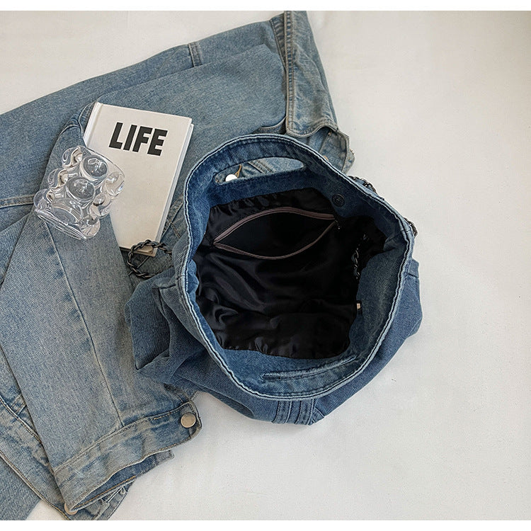 Women's Vintage Denim Tote Bag with Chain Strap – Structured Large-Capacity Crossbody & Shoulder Bag