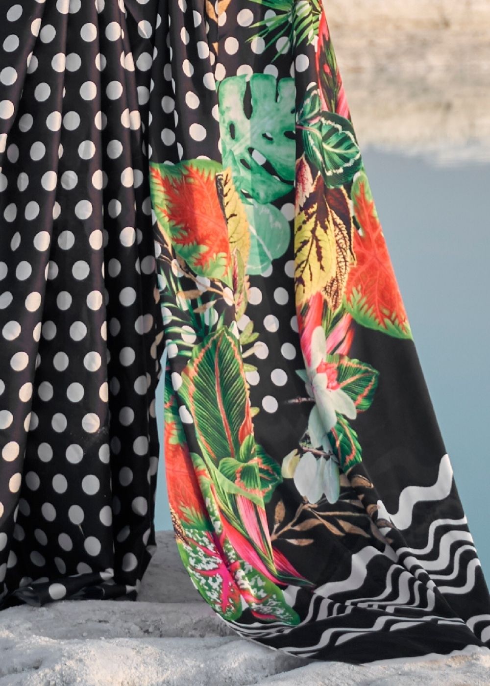 Black and White Polka Dots Digital Printed Crepe Silk Saree - qivii