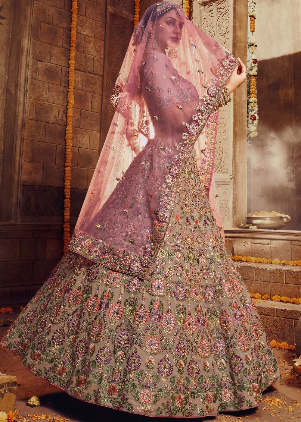 Light Brown Georgette Bridal Lehenga Choli with Resham and Jari Embroidery (Pre-Order) : Top Pick | Ready To Wear - qivii