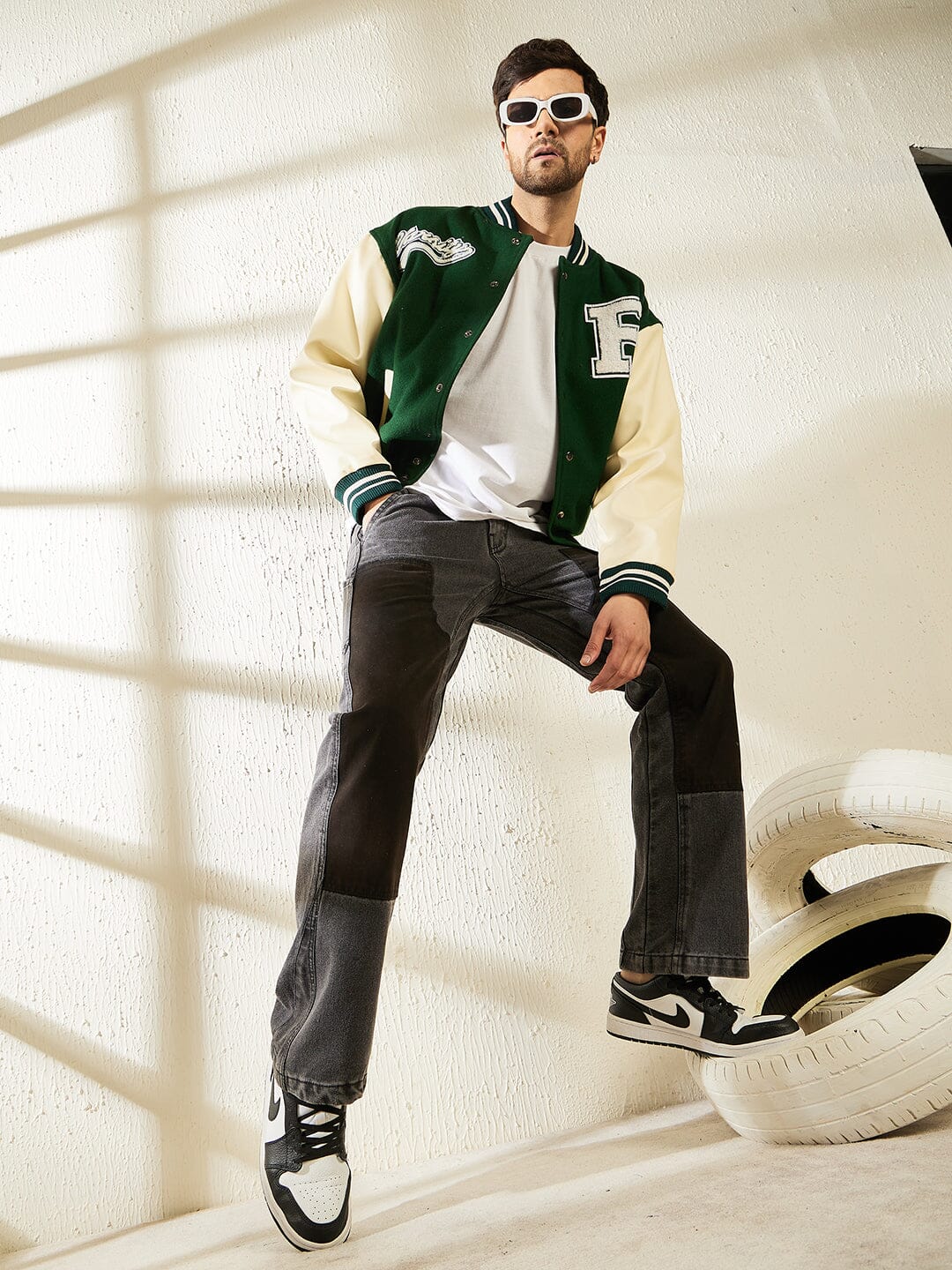 Green Woollen Faux Leather Sleeves Letterman Varsity Jacket