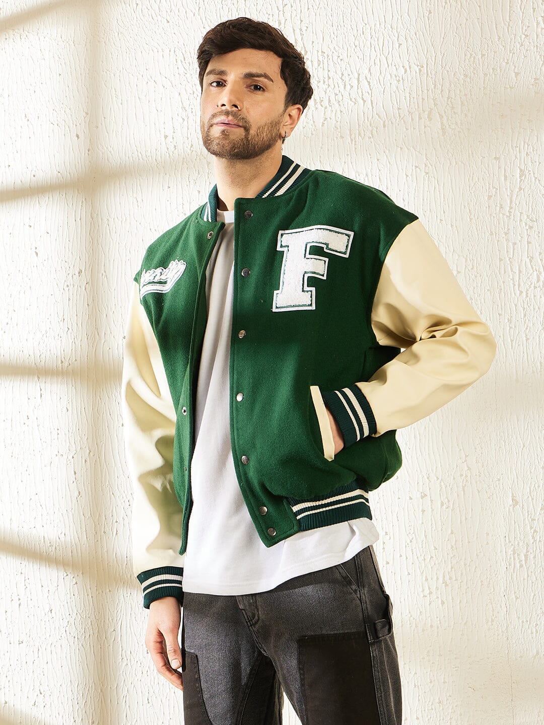 Green Woollen Faux Leather Sleeves Letterman Varsity Jacket