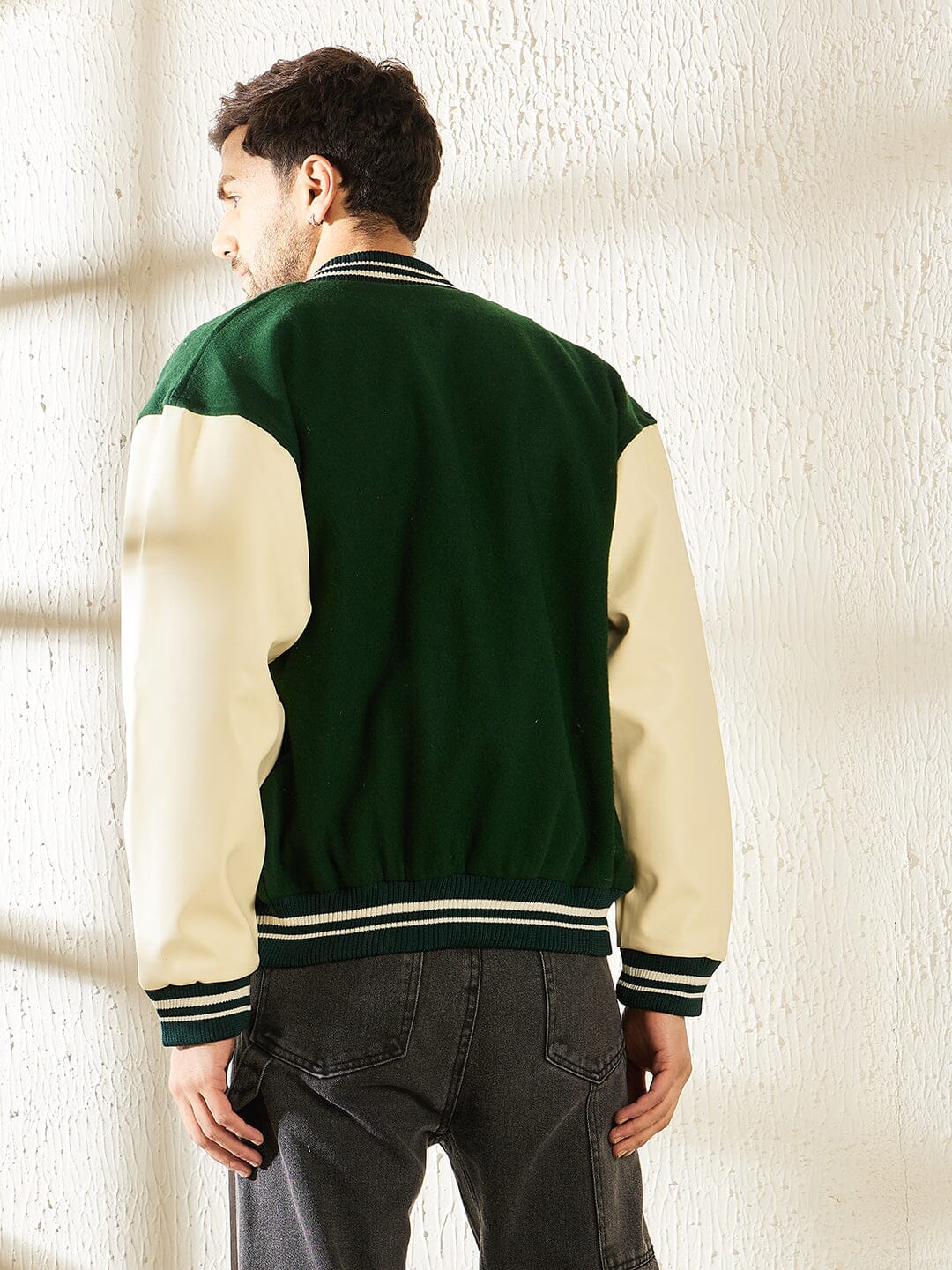 Green Woollen Faux Leather Sleeves Letterman Varsity Jacket