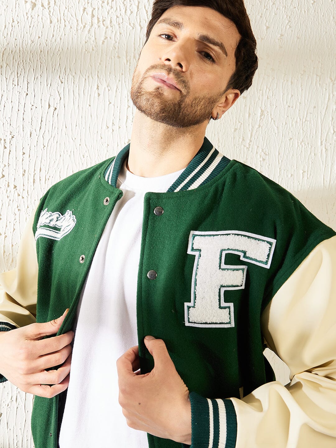Green Woollen Faux Leather Sleeves Letterman Varsity Jacket