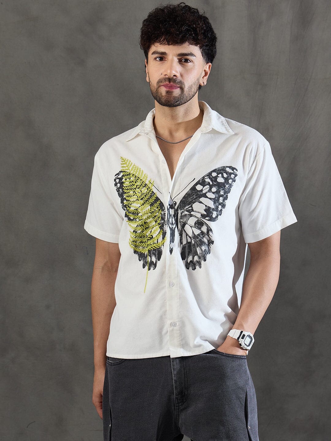 White Corduroy Butterfly Graphic Shirt