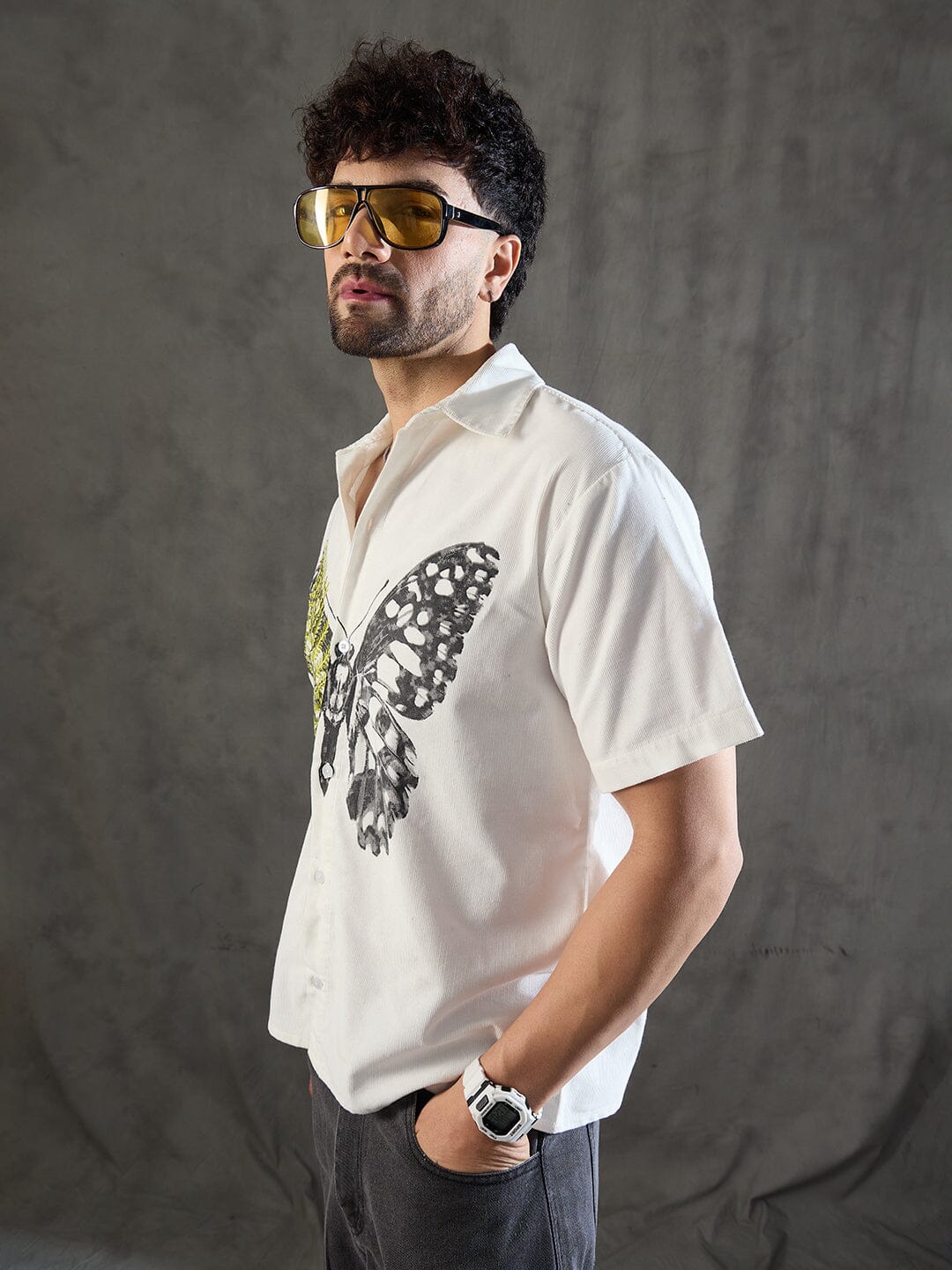 White Corduroy Butterfly Graphic Shirt