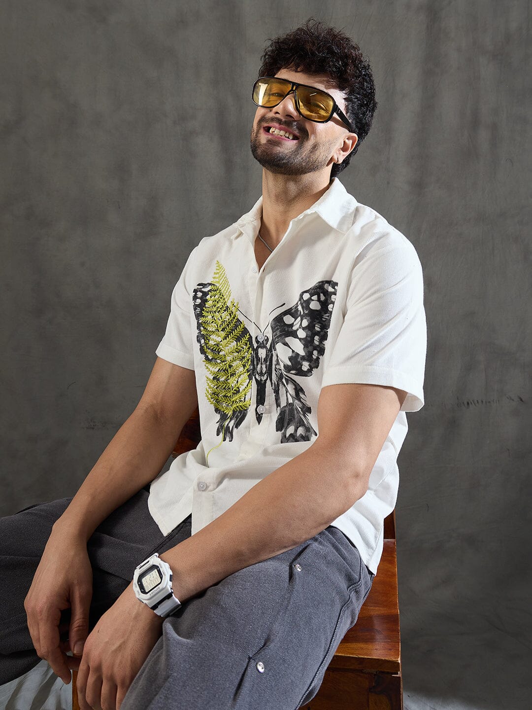 White Corduroy Butterfly Graphic Shirt