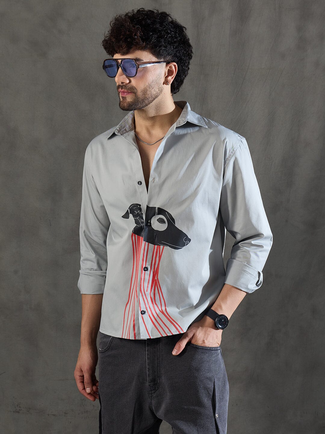 Steel Grey Dog Graphic Longsleeve Shirt