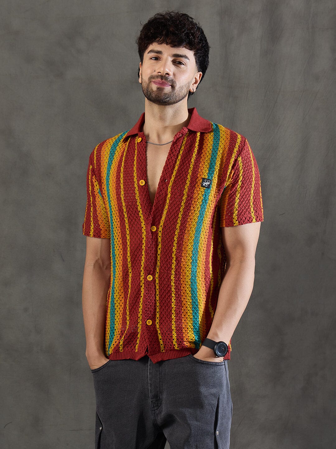 Paprika Red Striped Crochet Knitted Shirt - qivii