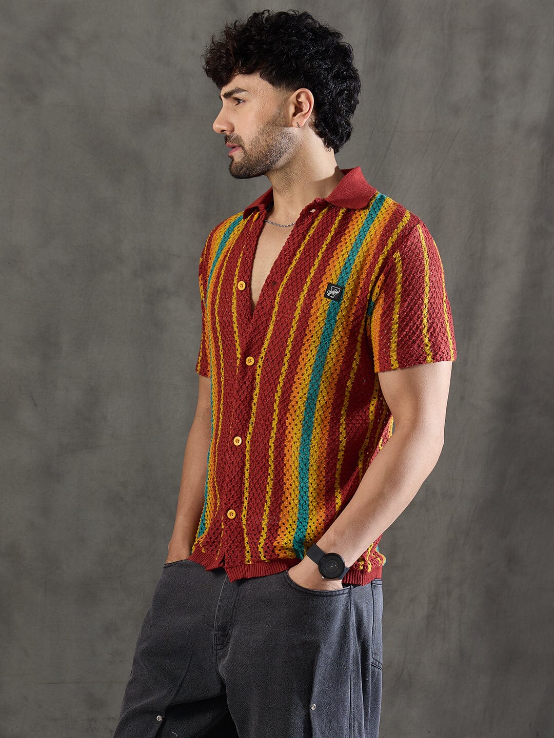 Paprika Red Striped Crochet Knitted Shirt - qivii