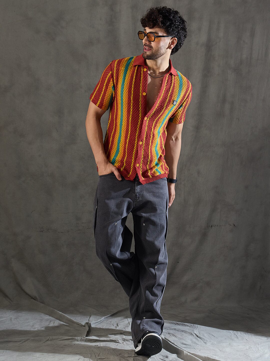 Paprika Red Striped Crochet Knitted Shirt - qivii