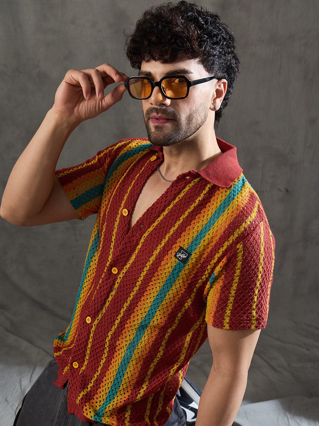 Paprika Red Striped Crochet Knitted Shirt - qivii