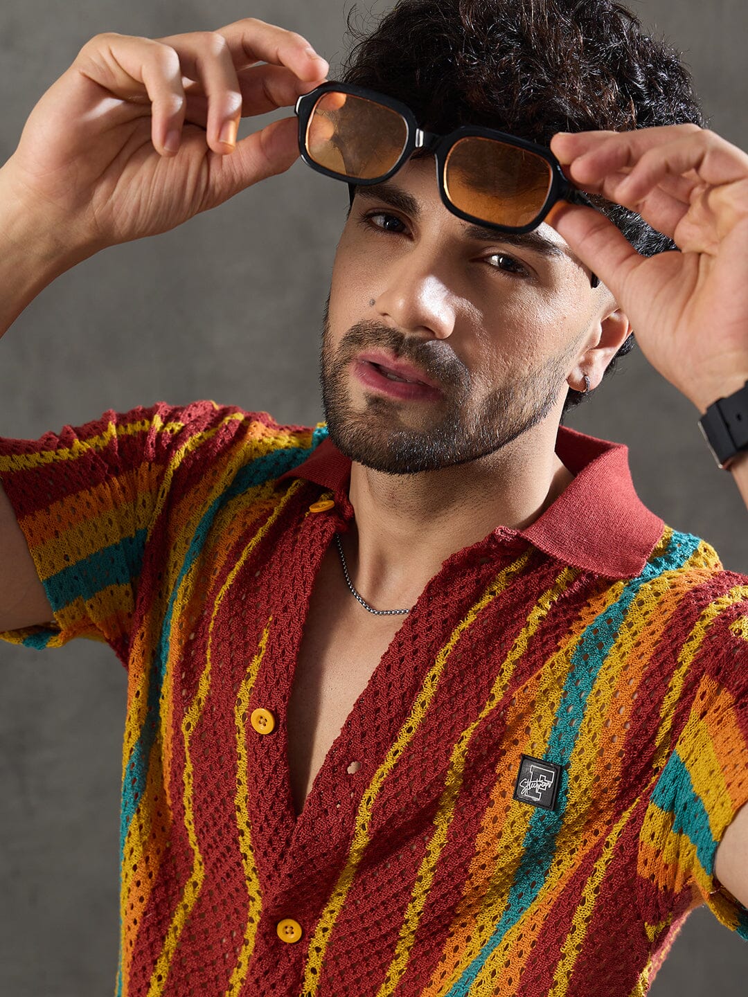 Paprika Red Striped Crochet Knitted Shirt - qivii