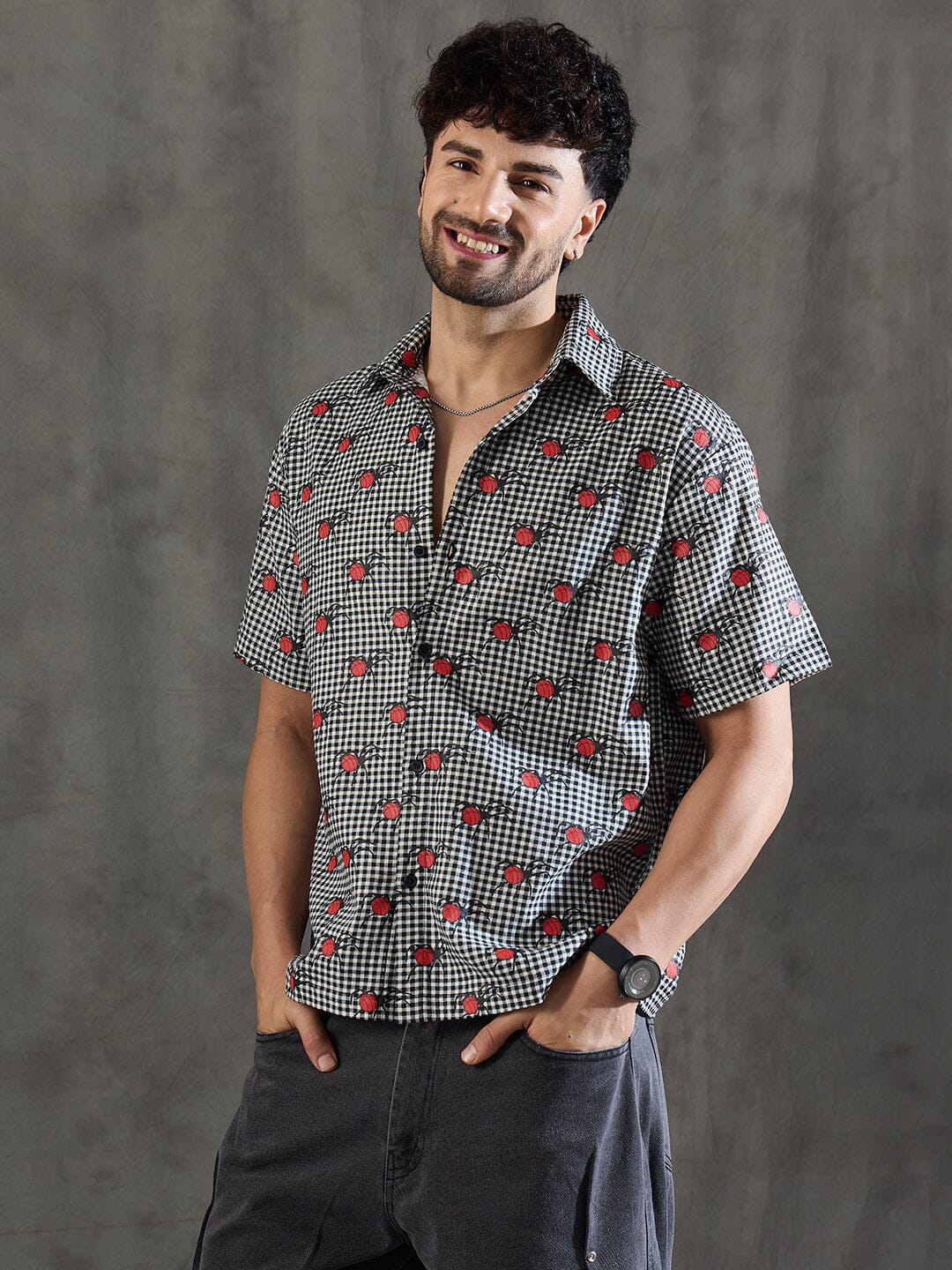 Checkered Bug Graphic Relaxed Fit Shirt