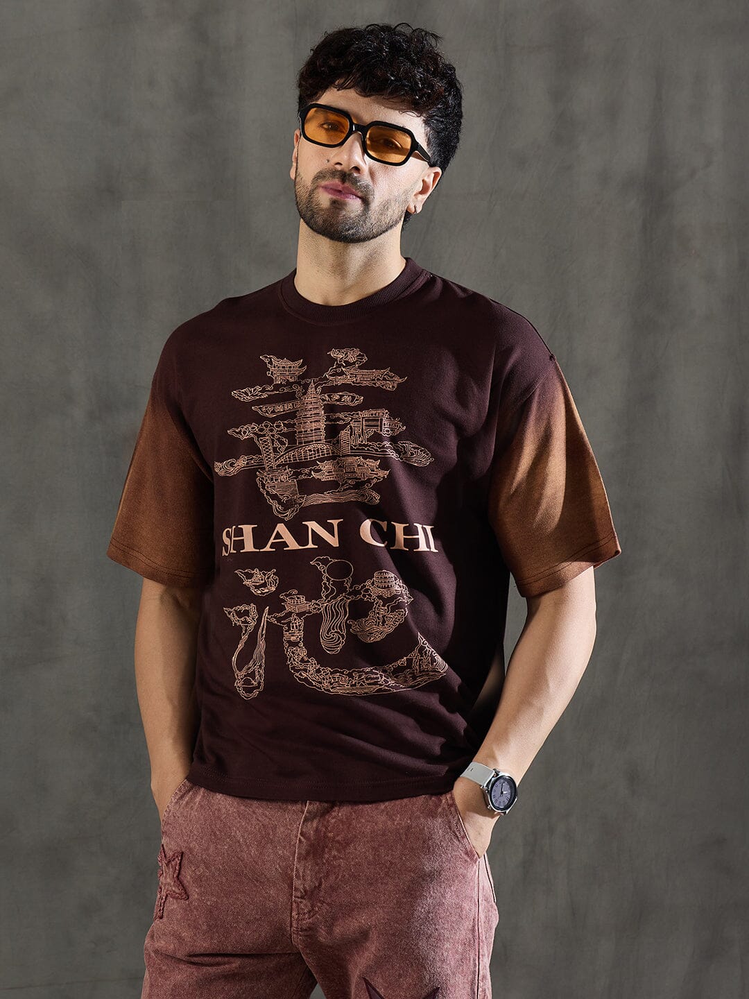 Brown Bleach Wash Japanese Graphic Oversized Tshirt