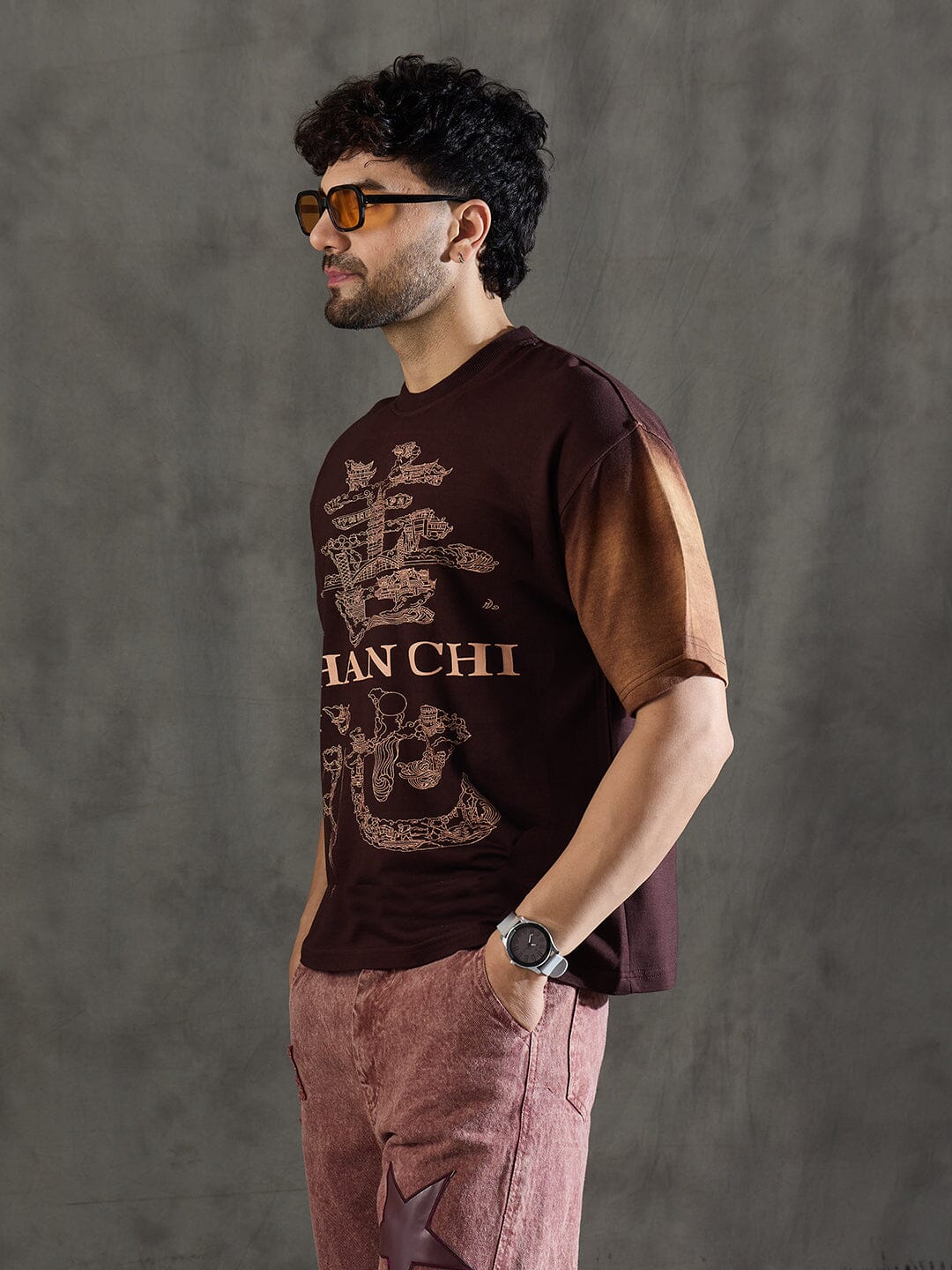 Brown Bleach Wash Japanese Graphic Oversized Tshirt