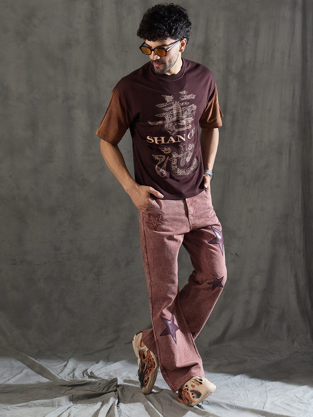 Brown Bleach Wash Japanese Graphic Oversized Tshirt