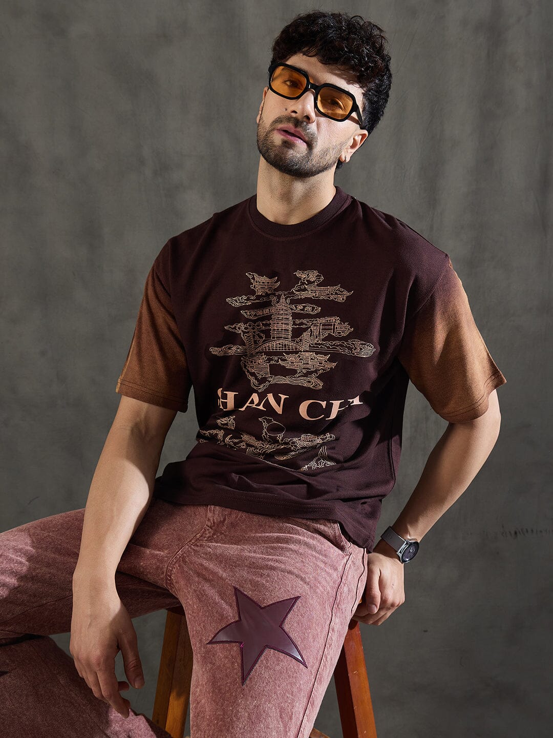 Brown Bleach Wash Japanese Graphic Oversized Tshirt