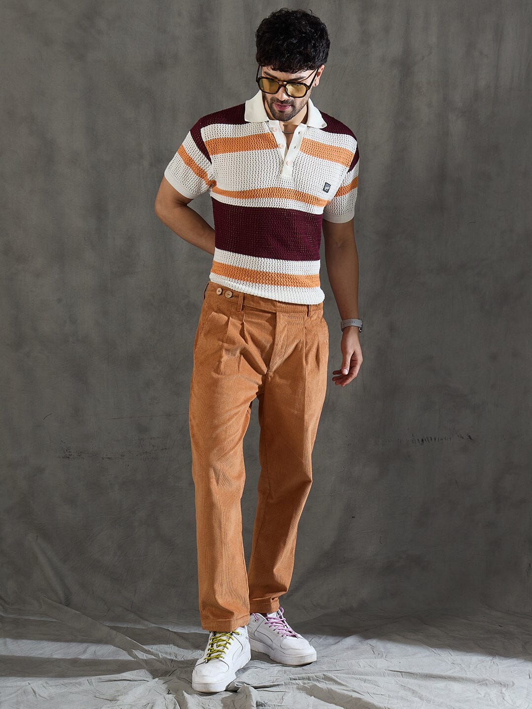 White Striped Knitted Polo Tshirt