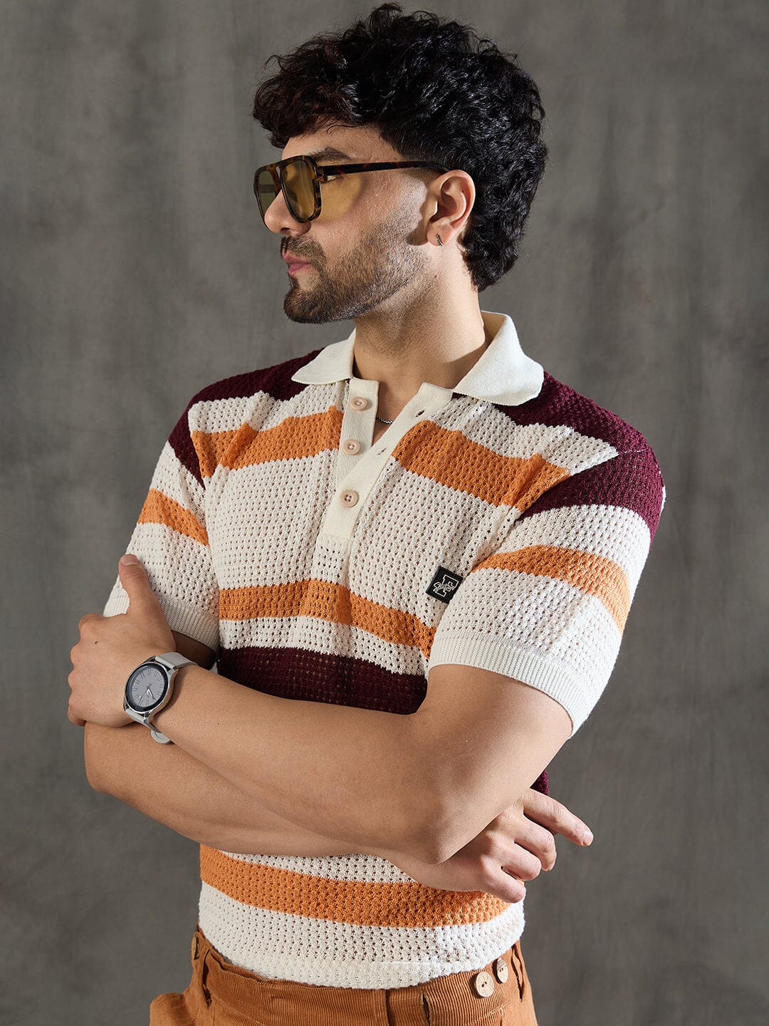 White Striped Knitted Polo Tshirt