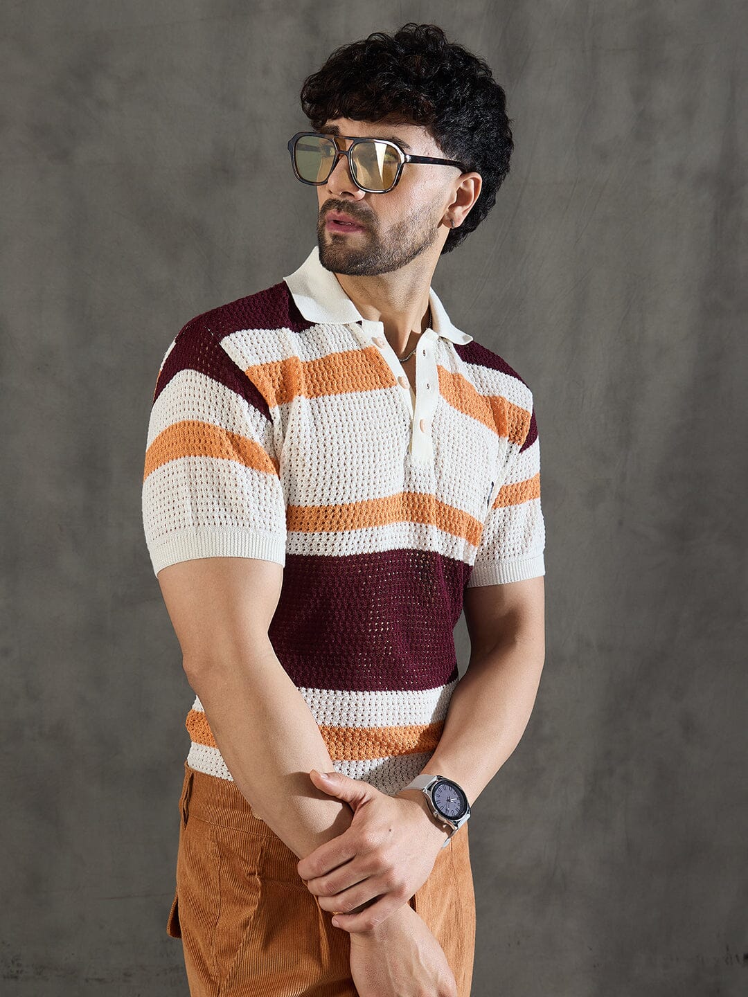 White Striped Knitted Polo Tshirt