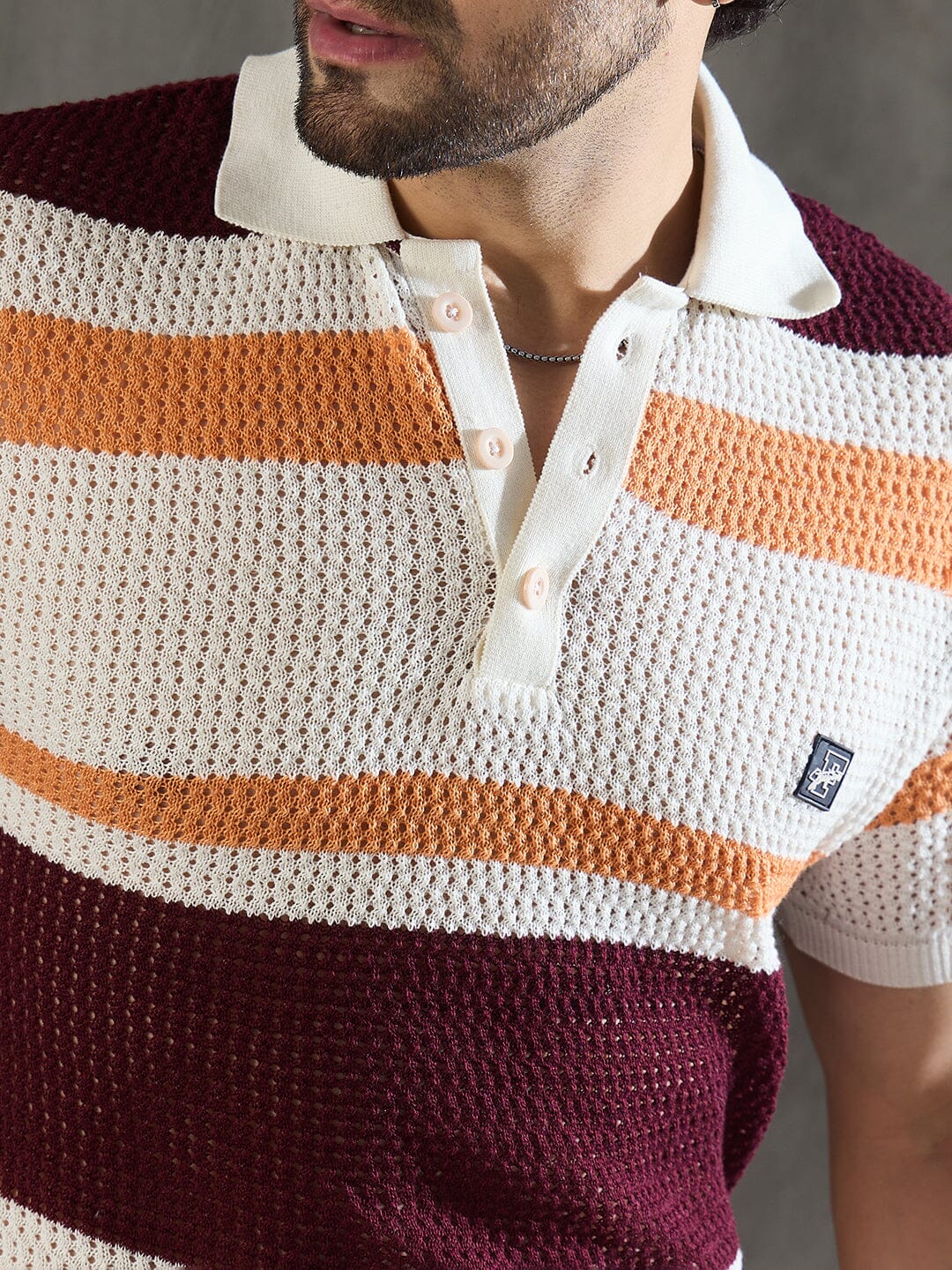 White Striped Knitted Polo Tshirt
