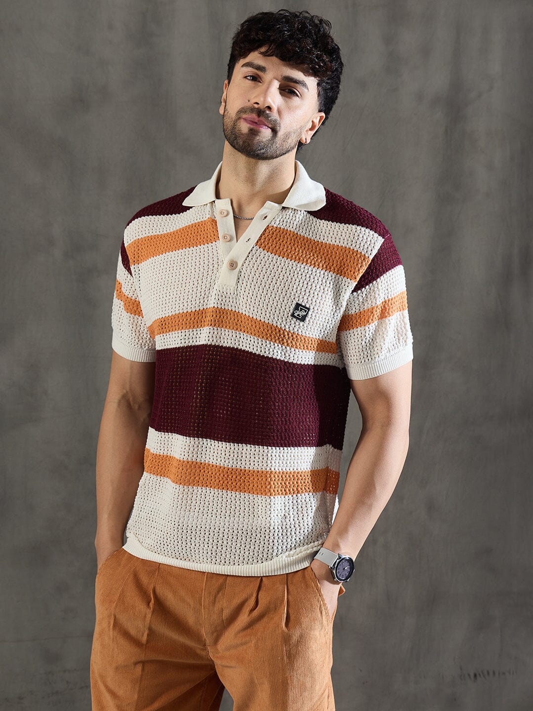 White Striped Knitted Polo Tshirt