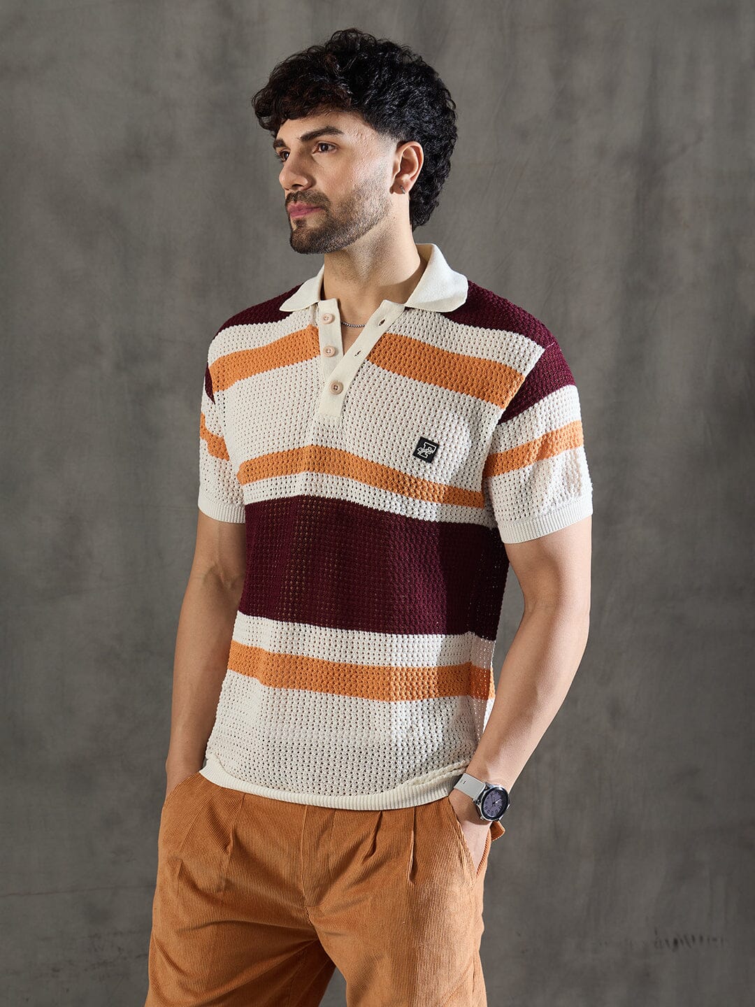 White Striped Knitted Polo Tshirt