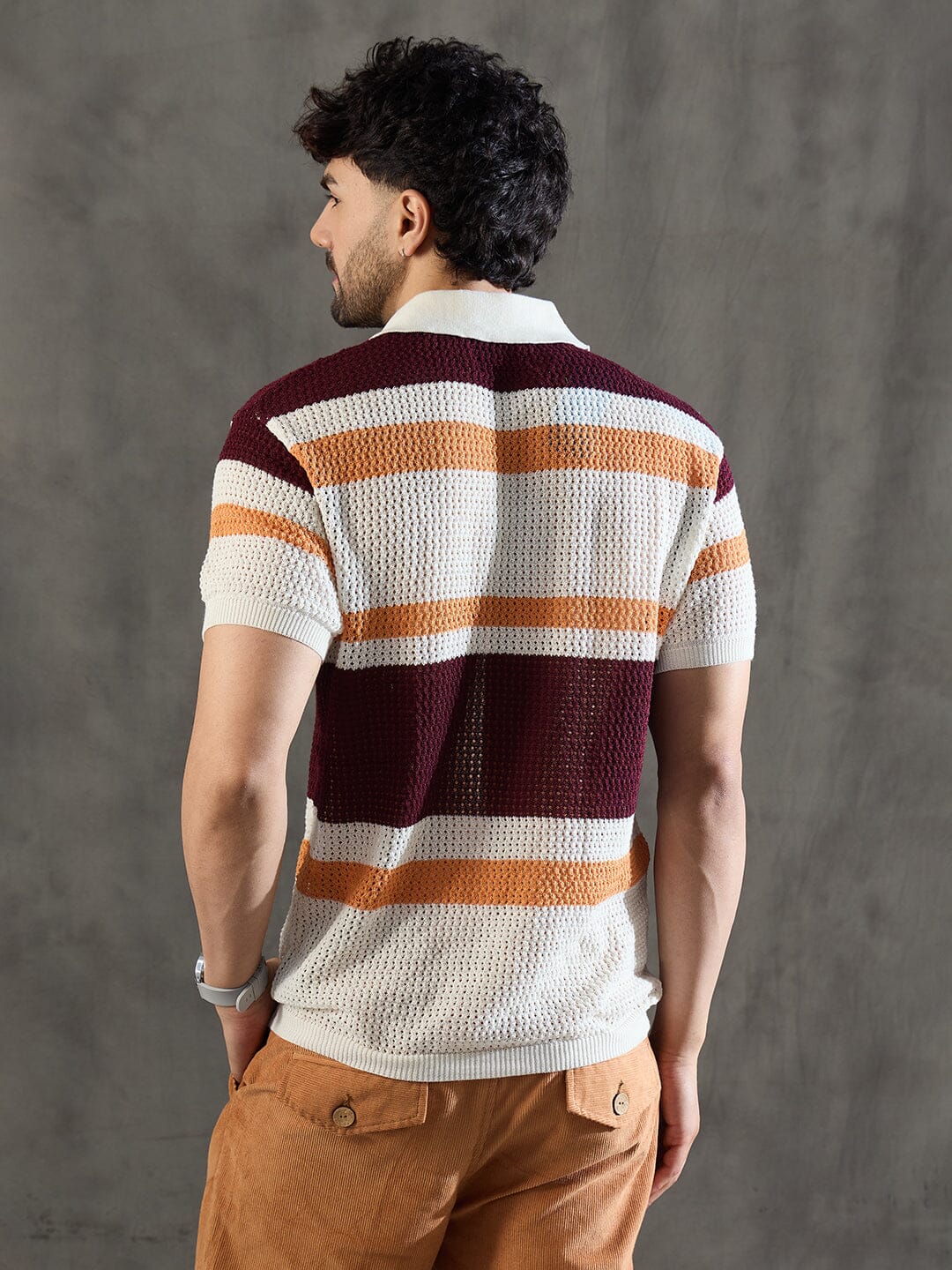 White Striped Knitted Polo Tshirt