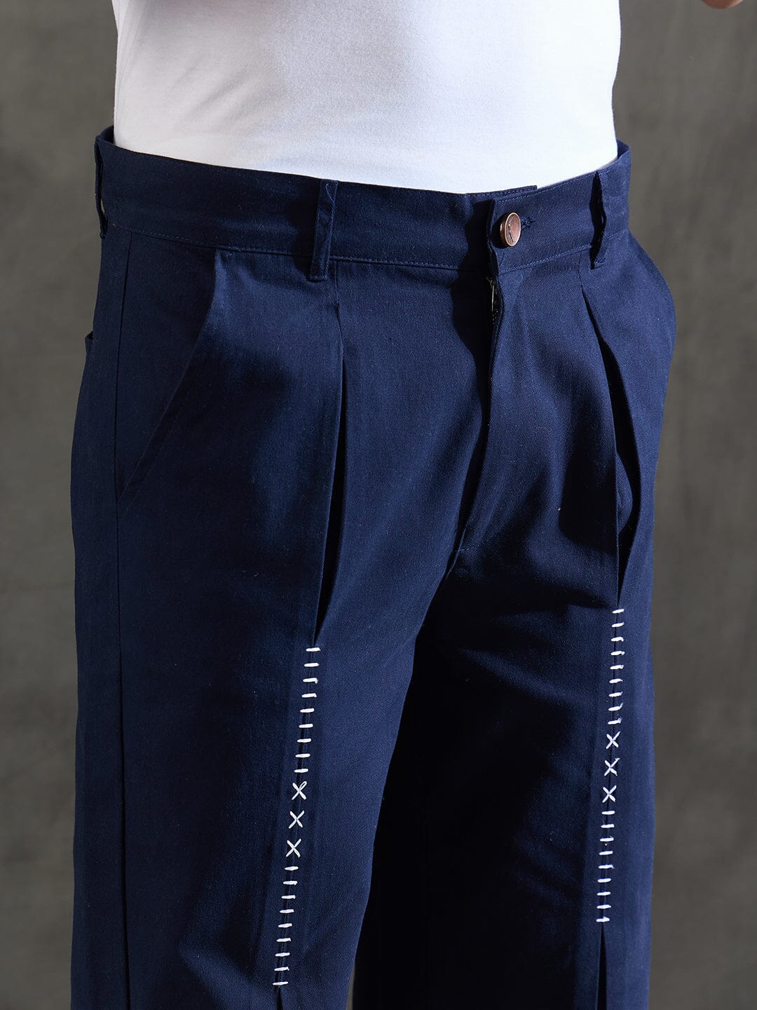 Navy Pleated Embroidered Trousers