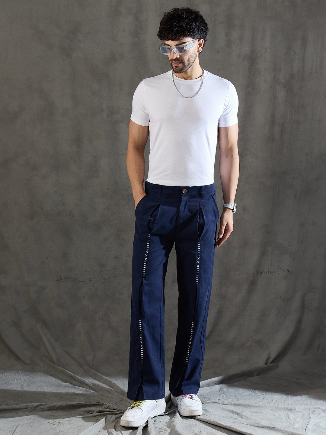 Navy Pleated Embroidered Trousers