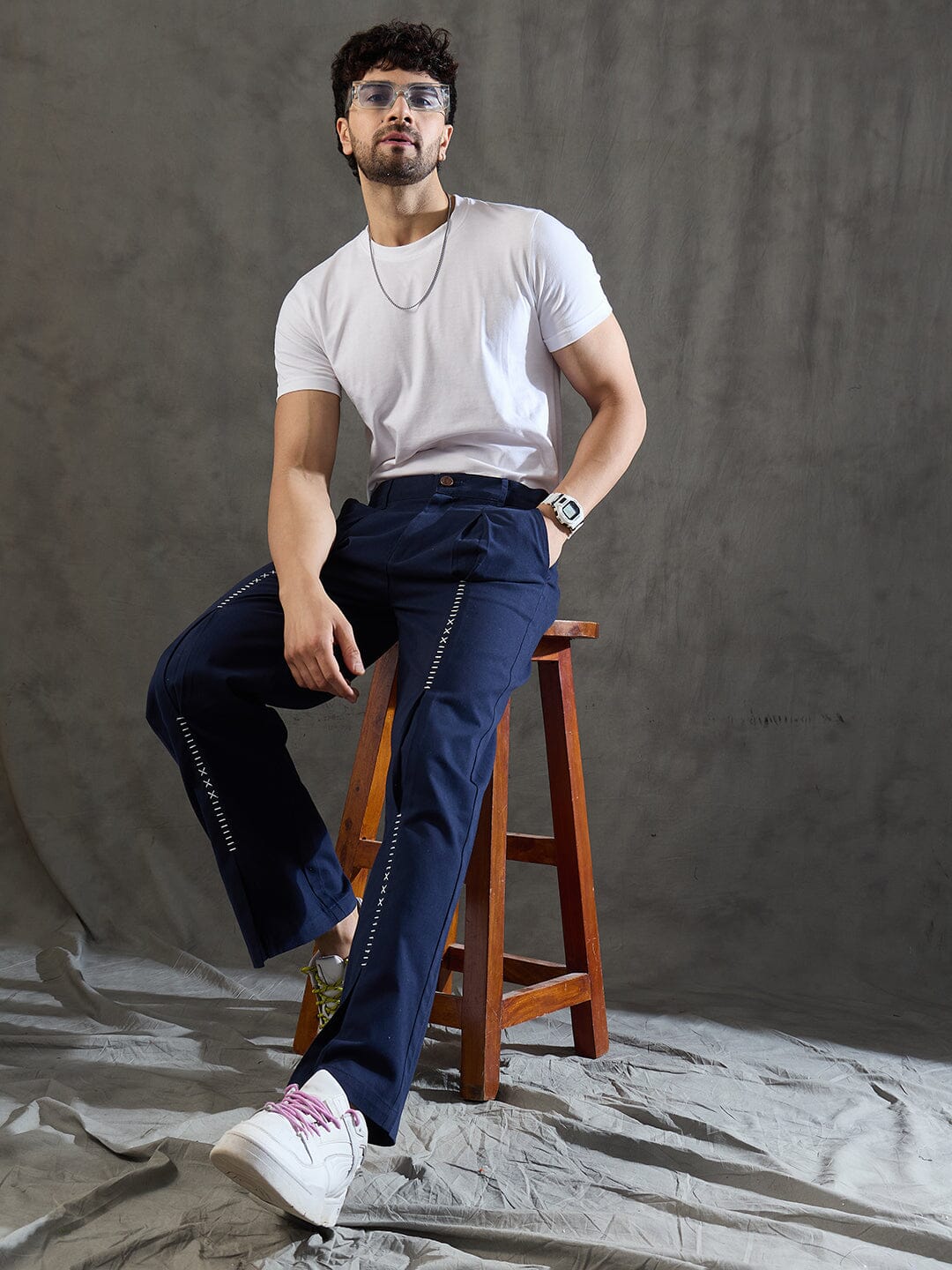 Navy Pleated Embroidered Trousers