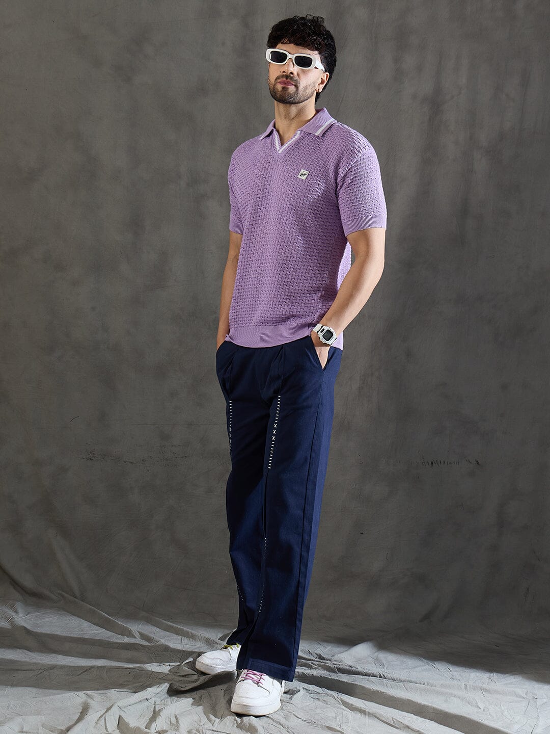 Lavender Textured Knitted Polo Tshirt