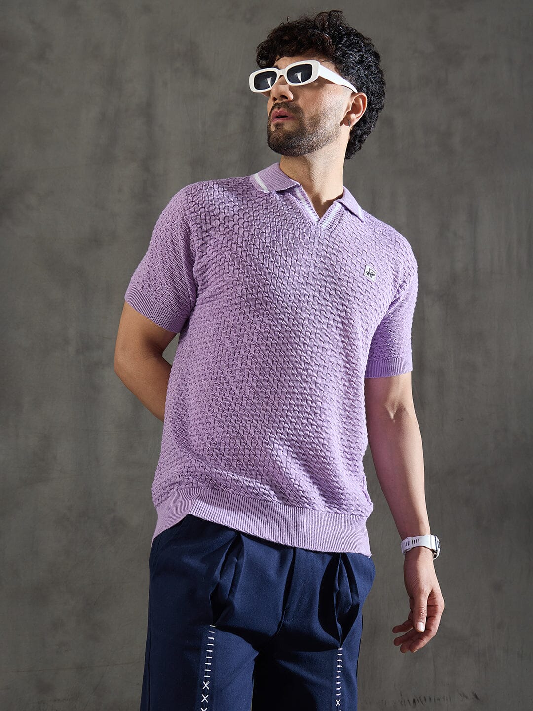 Lavender Textured Knitted Polo Tshirt