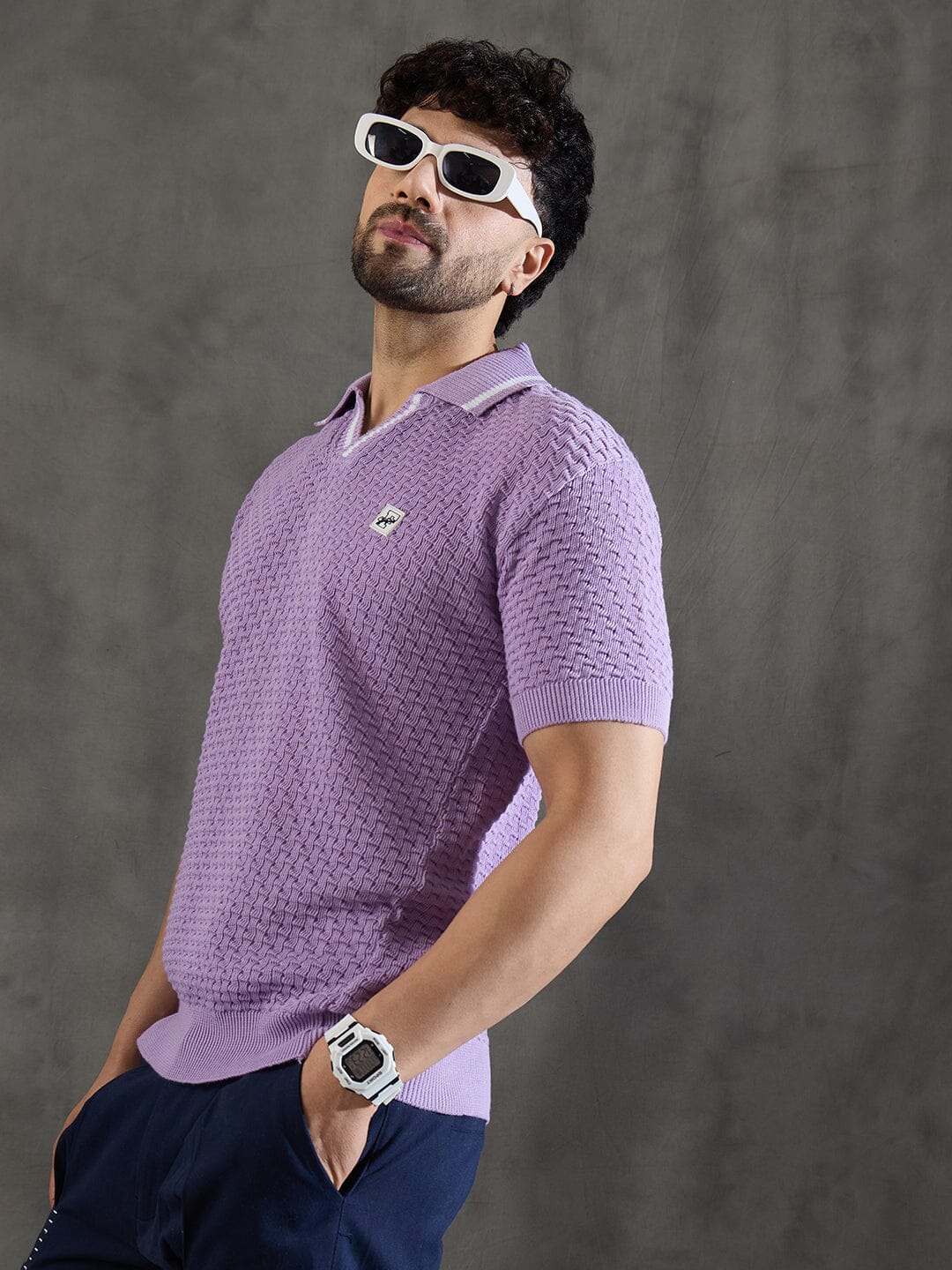 Lavender Textured Knitted Polo Tshirt