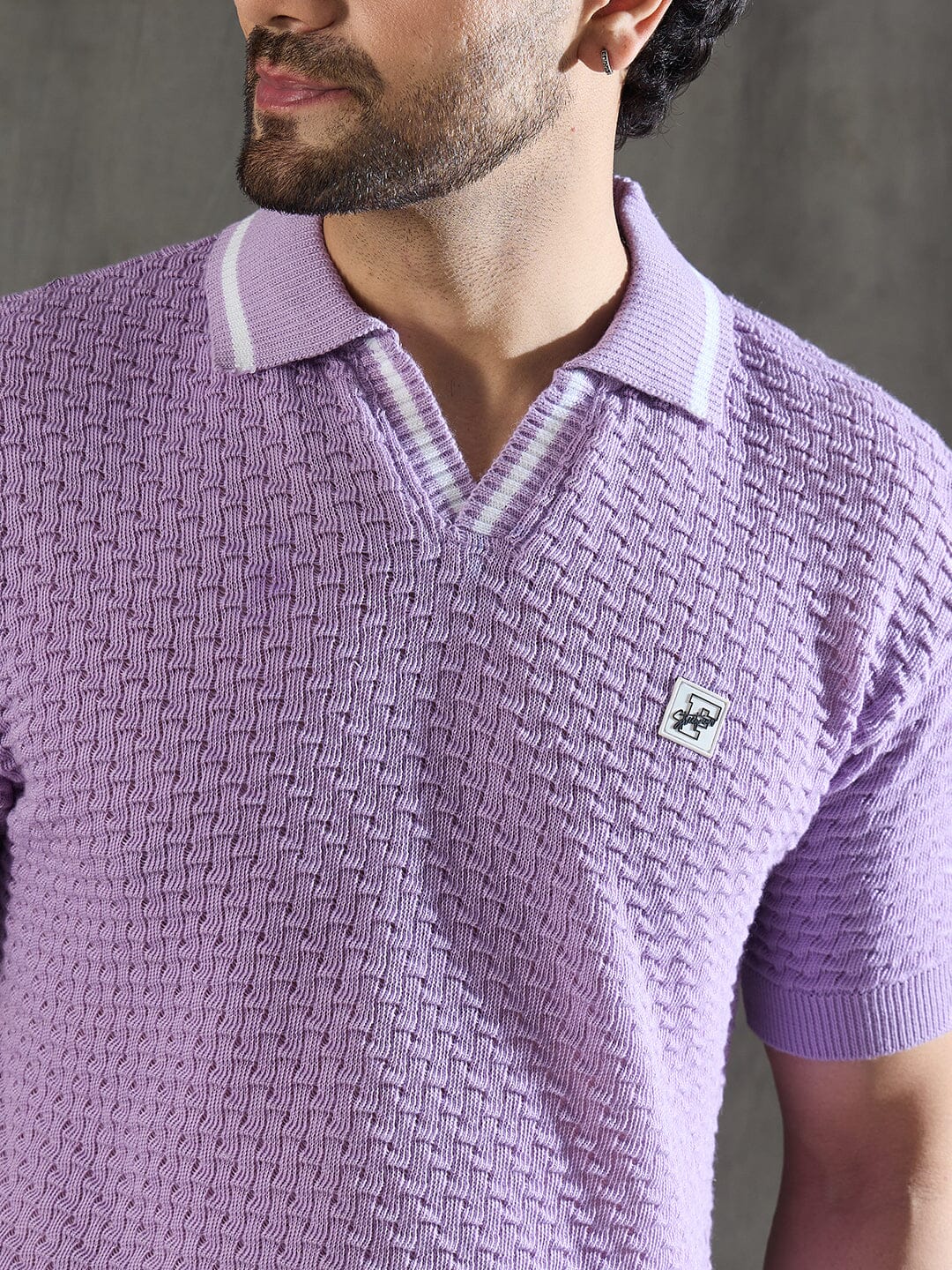 Lavender Textured Knitted Polo Tshirt