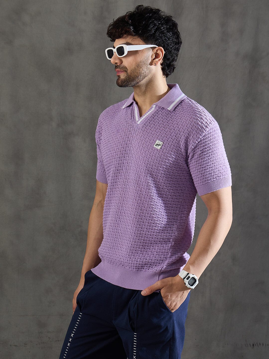 Lavender Textured Knitted Polo Tshirt