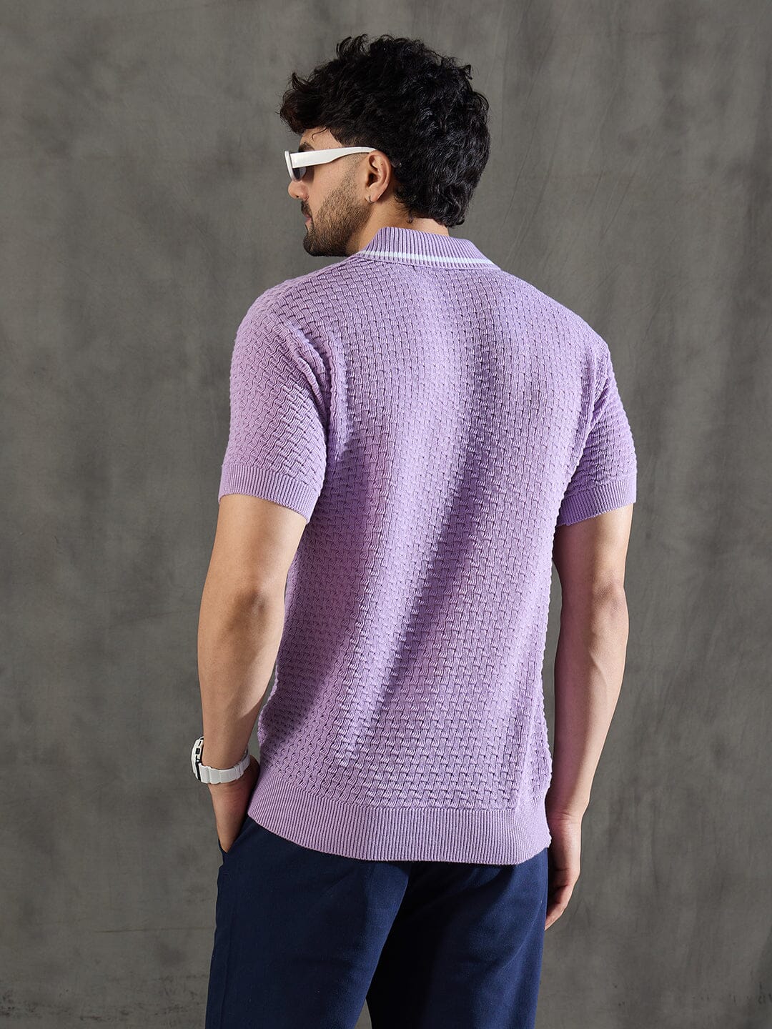 Lavender Textured Knitted Polo Tshirt