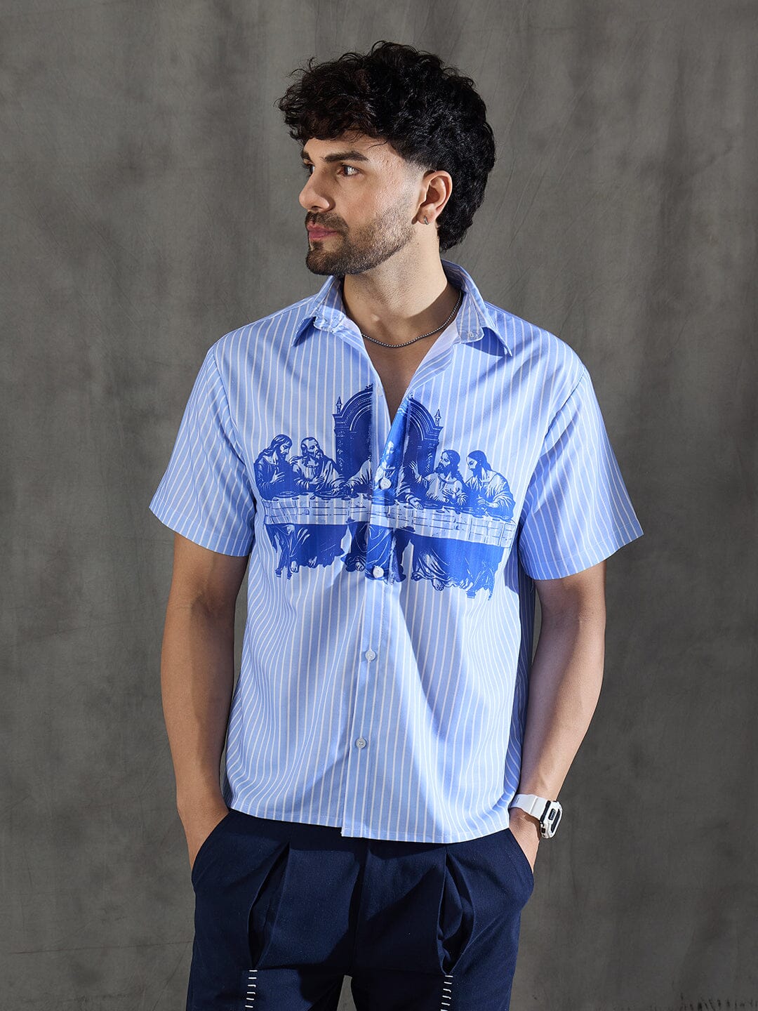 Blue Striped Short Sleeves Shirt