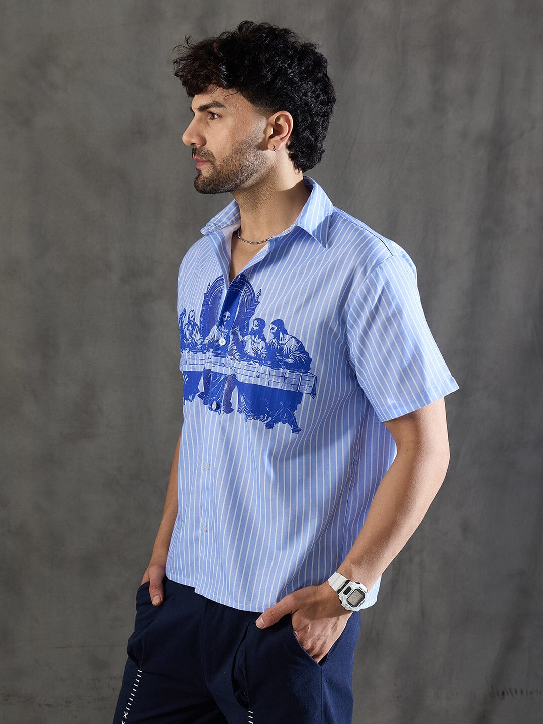 Blue Striped Short Sleeves Shirt