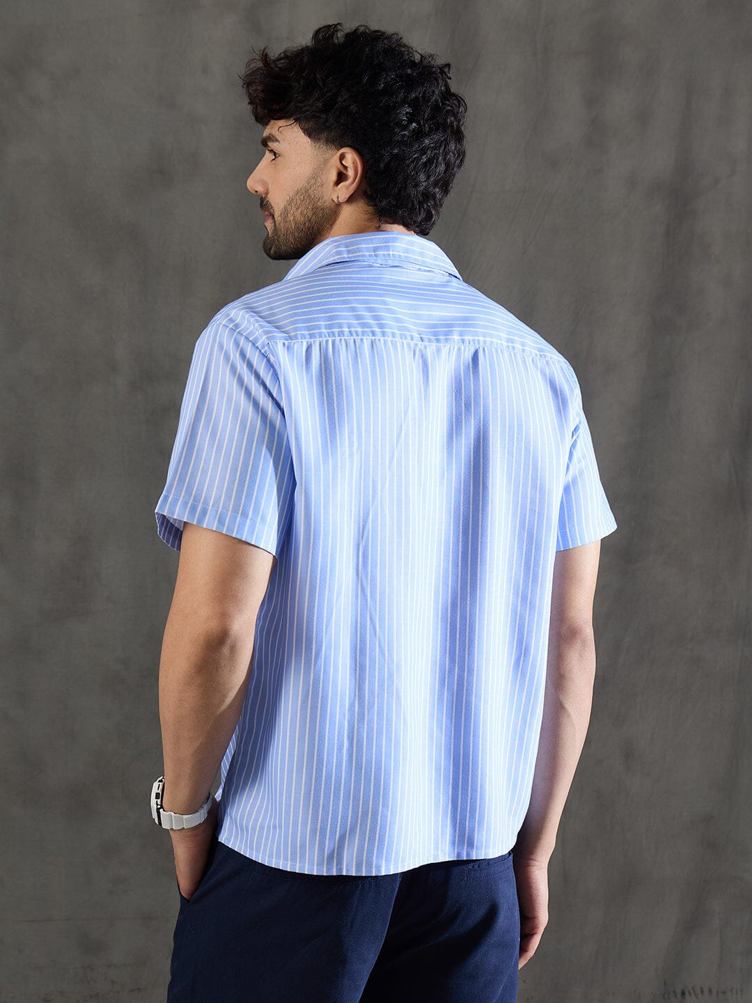 Blue Striped Short Sleeves Shirt