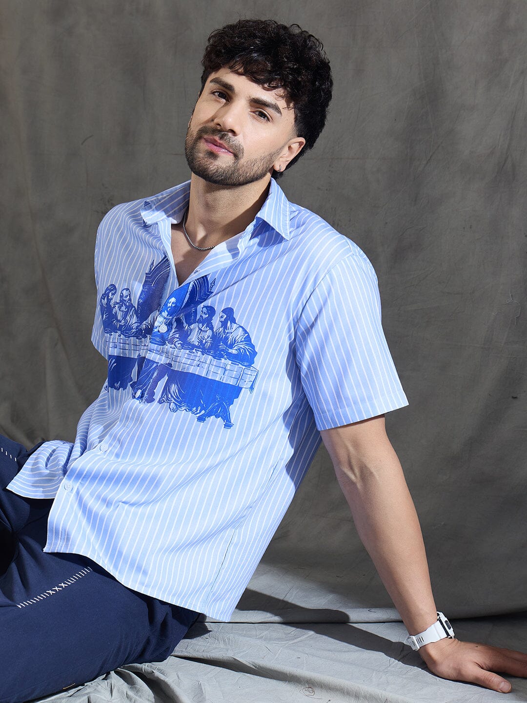 Blue Striped Short Sleeves Shirt