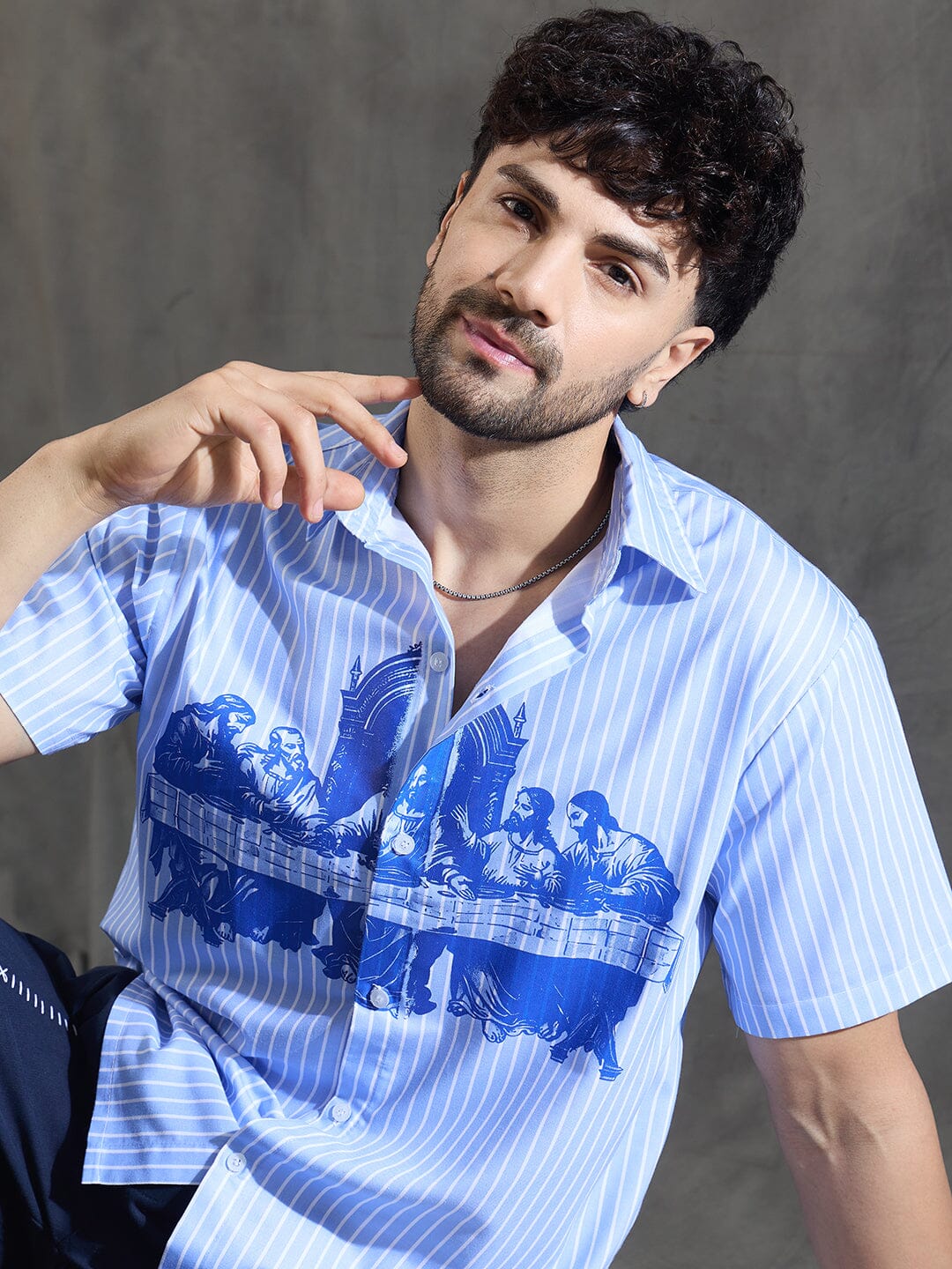 Blue Striped Short Sleeves Shirt