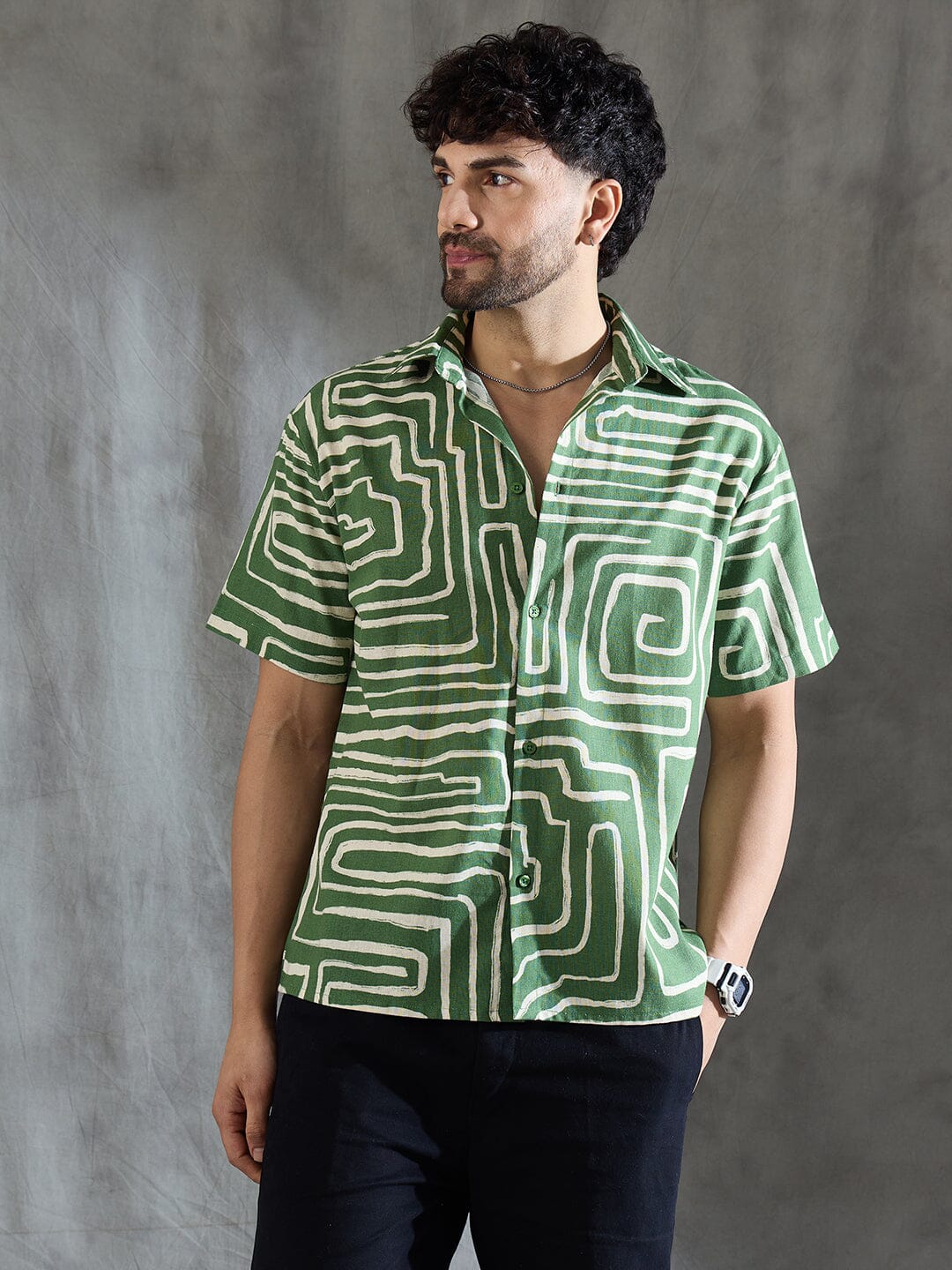 Olive Abstract Print Linen Shirt