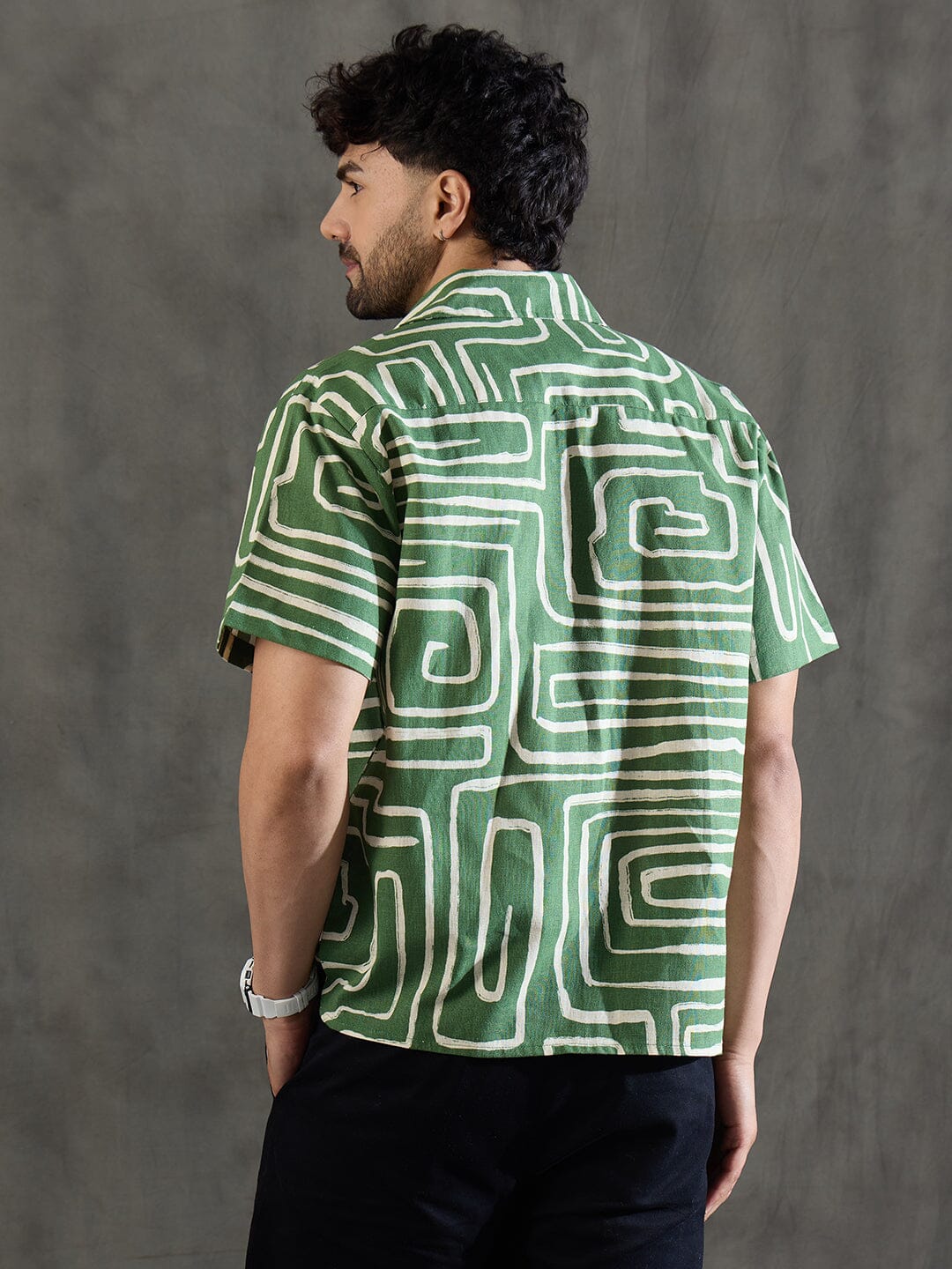 Olive Abstract Print Linen Shirt