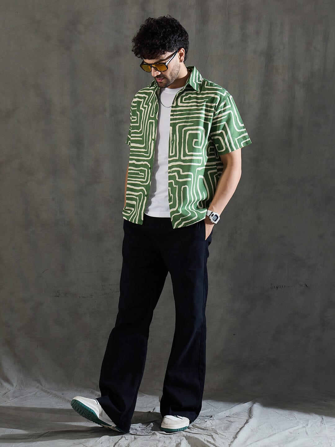 Olive Abstract Print Linen Shirt