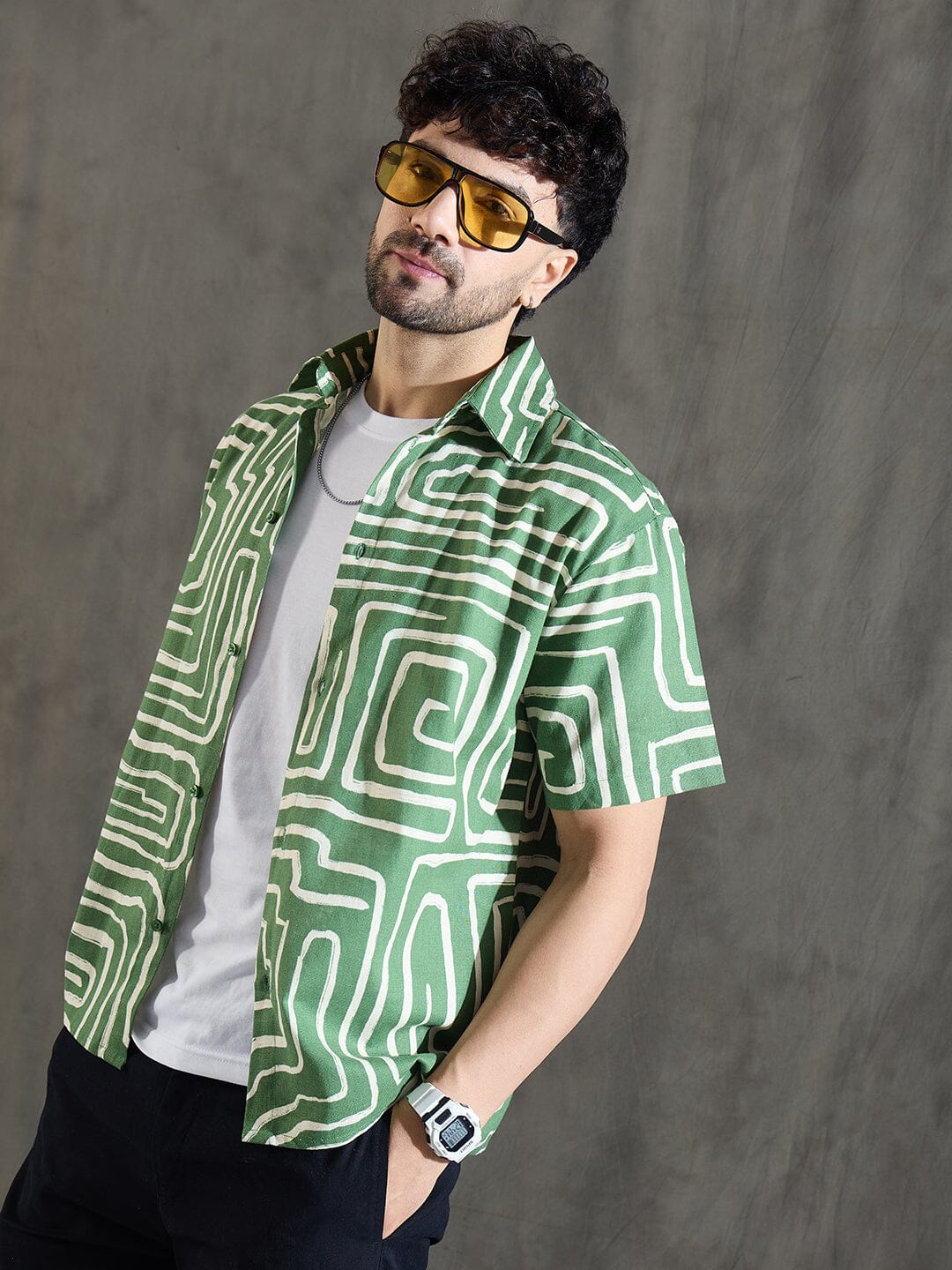 Olive Abstract Print Linen Shirt
